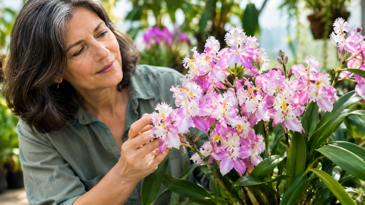 Orquídea Epidendrum Wedding Valley com flores rosa e brancas em cultivo