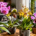 Orquídeas para apartamento em ambiente interno bem iluminado, com Phalaenopsis, Paphiopedilum, Oncidium e Cattleya próximas a uma janela.