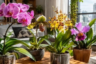 Orquídeas para apartamento em ambiente interno bem iluminado, com Phalaenopsis, Paphiopedilum, Oncidium e Cattleya próximas a uma janela.
