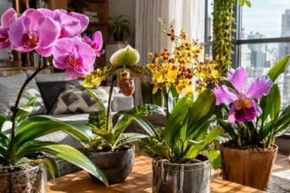 Orquídeas para apartamento em ambiente interno bem iluminado, com Phalaenopsis, Paphiopedilum, Oncidium e Cattleya próximas a uma janela.