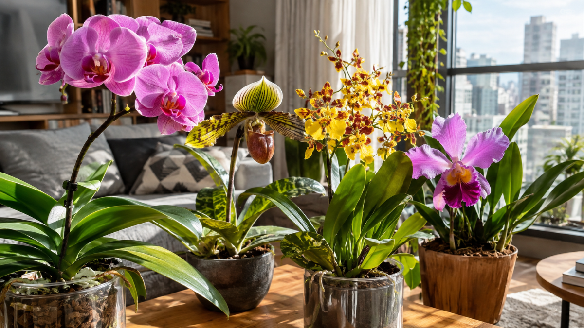 Orquídeas para apartamento em ambiente interno bem iluminado, com Phalaenopsis, Paphiopedilum, Oncidium e Cattleya próximas a uma janela.