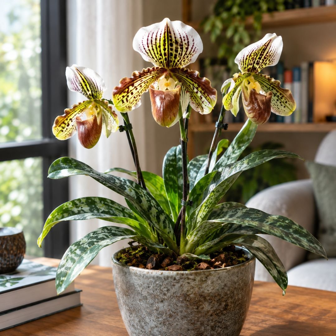 Paphiopedilum sapatinho-de-vênus com flores e folhas manchadas em vaso, próximo a uma janela com luz natural.