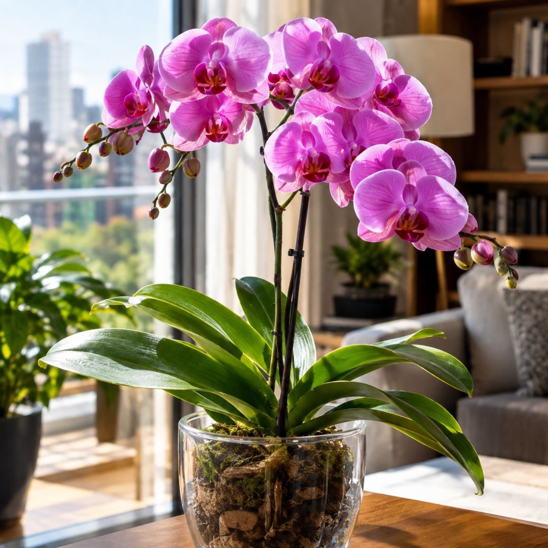 Phalaenopsis com flores rosas em vaso transparente próxima a uma janela bem iluminada em ambiente interno.
