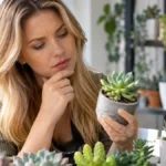 Mulher observa suculenta em vaso para identificar por que a planta não cresce