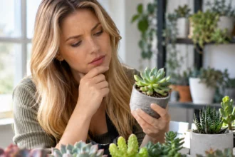 Mulher observa suculenta em vaso para identificar por que a planta não cresce