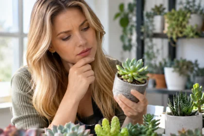 Mulher observa suculenta em vaso para identificar por que a planta não cresce