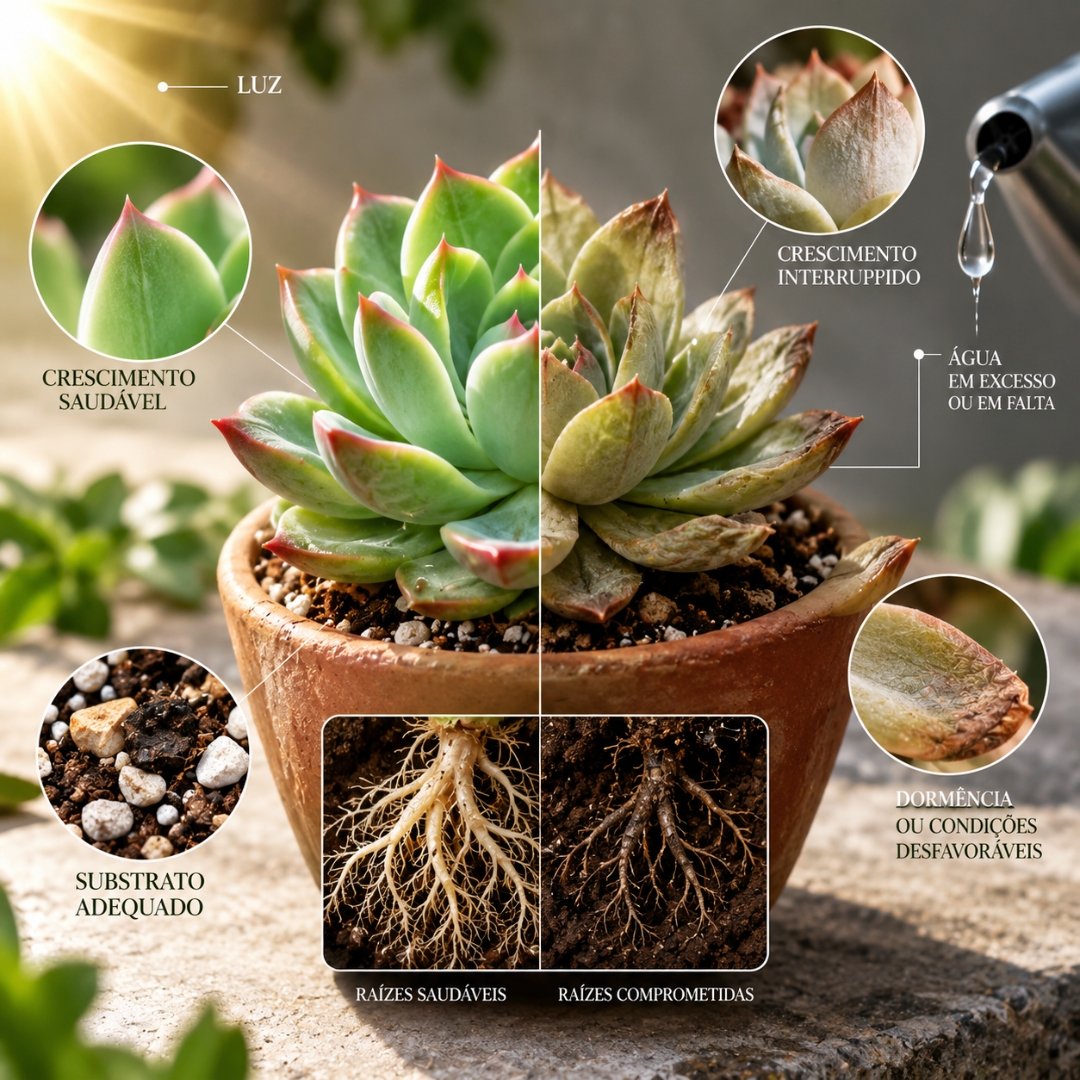 Suculenta com crescimento saudável e crescimento interrompido por diferentes condições de cultivo