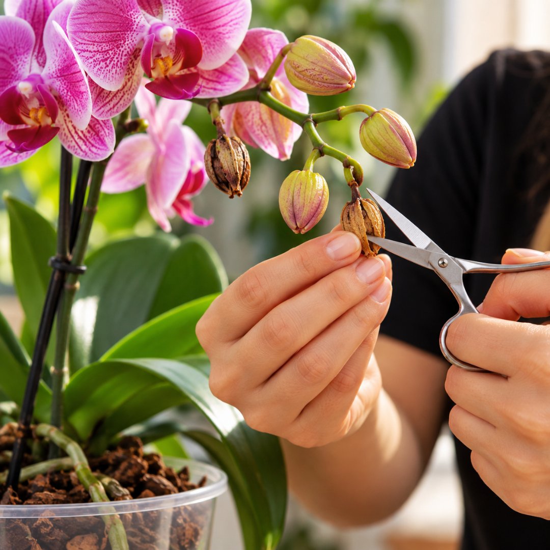 Mulher removendo um botão floral seco de uma orquídea Phalaenopsis com uma tesoura de poda, preservando os demais botões da haste. (botões da orquídea caindo)