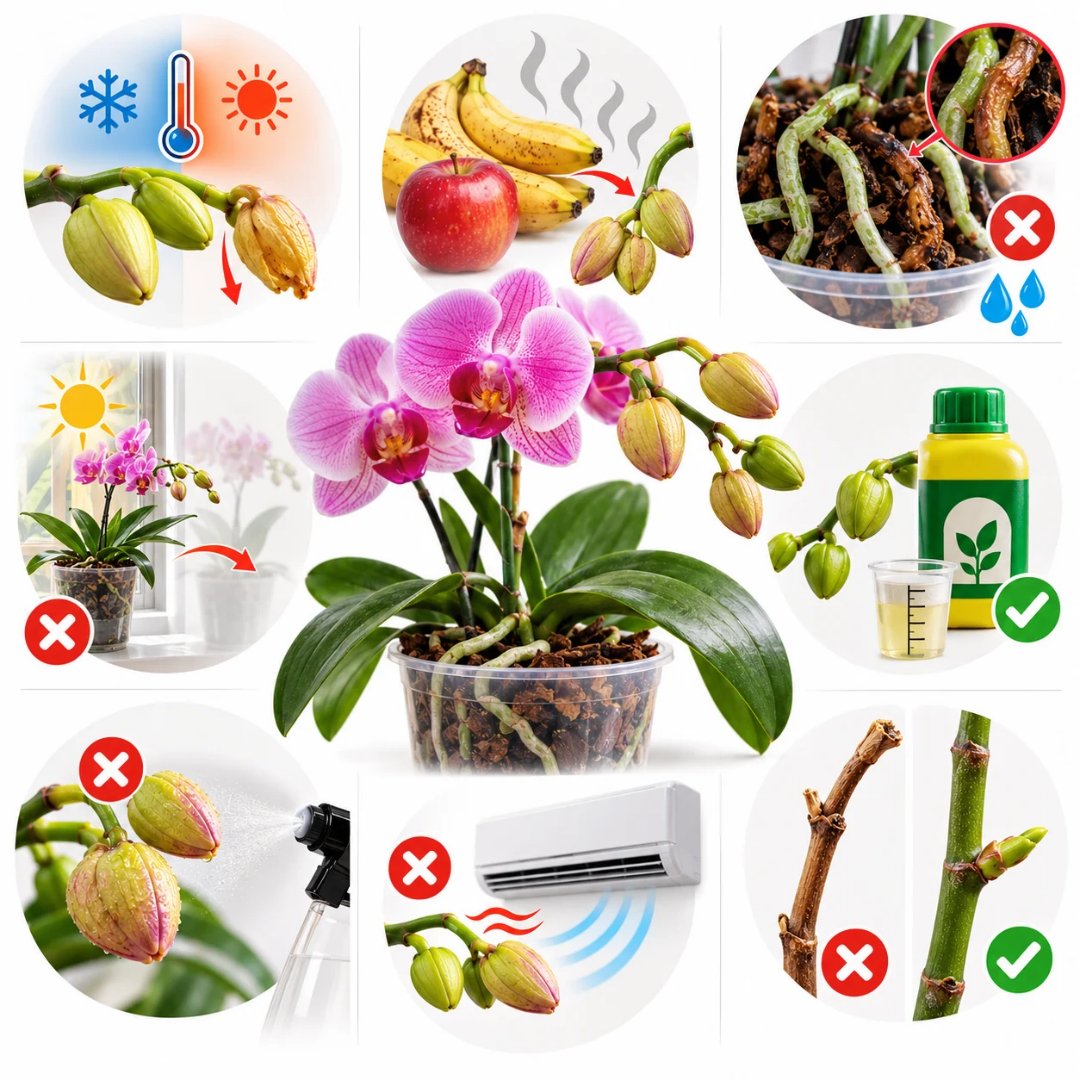 Infográfico ilustrado sobre a queda dos botões da orquídea, destacando variações de temperatura, frutas maduras, raízes deterioradas, mudanças de lugar, rega, adubação e cuidados com a haste floral. (botões da orquídea caindo)