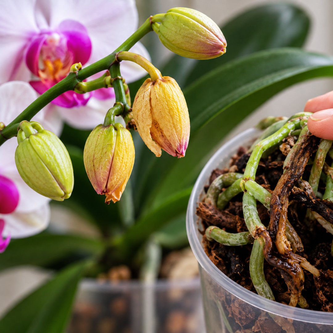 Orquídea Phalaenopsis com botão floral amarelado e ressecado e raízes verdes e marrons em vaso transparente com substrato de casca de pinus. (botões da orquídea caindo)
